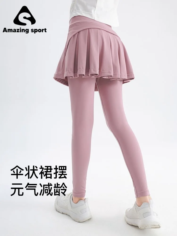 Ropa para niños, pantalones de yoga para niñas, secado rápido, alta elasticidad, absorción de humedad, pantalones de protección solar, deportes falsos de dos piezas