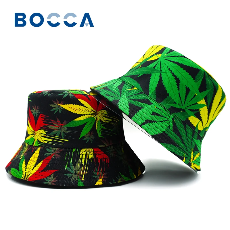 Bocca Leaf Printing Bucket Hat Colorful Pattern Fisherman Hats Double Sides Panama Cap For Men Women Outdoor Sun High Quality