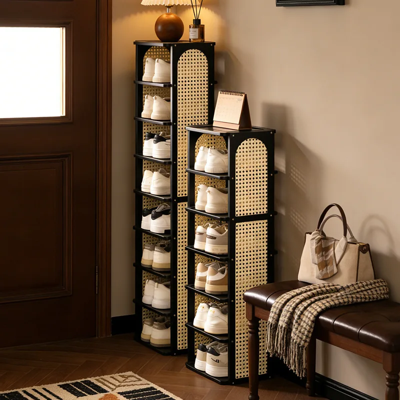 Light Luxury Multi-Layer Bamboo and Rattan Shoe Cabinet, Narrow Shoe Rack, Corner Storage Rack, Bookshelf