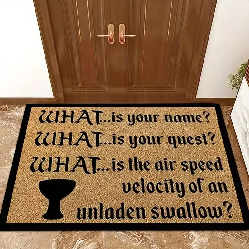 Quirky Monty Python Holy Grail Trivia Doormat, Cult Classic Movie Reference Design, Welcome Mat for Entryway, Game Room, Bedroom