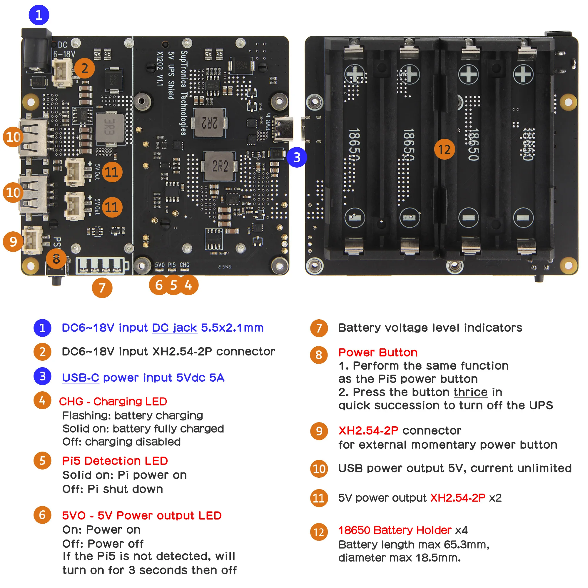 Geekworm X1202 UPS & Power Management Board with 4 cell 18650 battery holder for Raspberry Pi 5