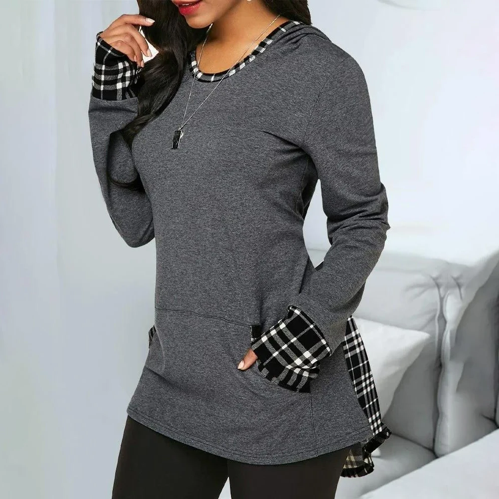 Casual Hooded Top with Back Patchwork Checks - Relaxed Fit Clothing for Women with pocket grey tops Daily wear