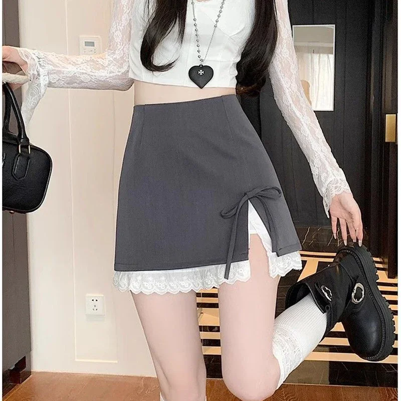 Sweet Bow Lace Up Women Mini Skirt Korean Elegant Spliced Lace Design A-line Skirt Stylish High Waist Slimming Female Slit Skirt