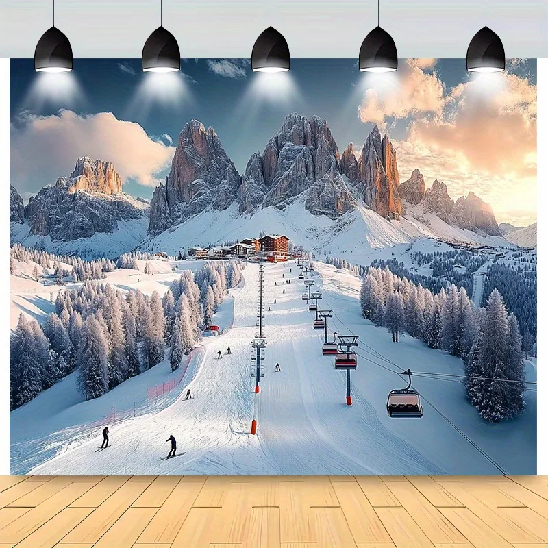 1 banner for a winter ski resort party - mountain landscape, featuring skiers and a lift system, made of polyester yzb