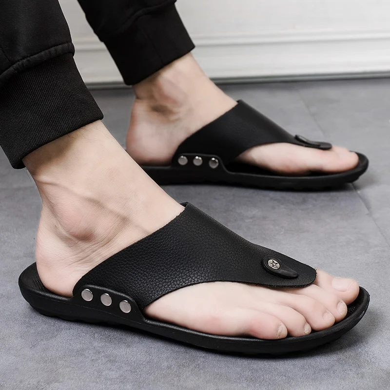 YRZL Slippers Summer Flip-Flops for Men Beach Slippers Brown Sandals Comfortable Shoes Non-Slip Bathroom Shoes Men Slides