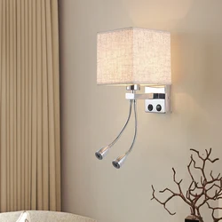 Modern E27 Wall Lamp Square Fabric LED Reading Light with USB Interface and Switch Living Room Bedroom Hotel Indoor Home Light