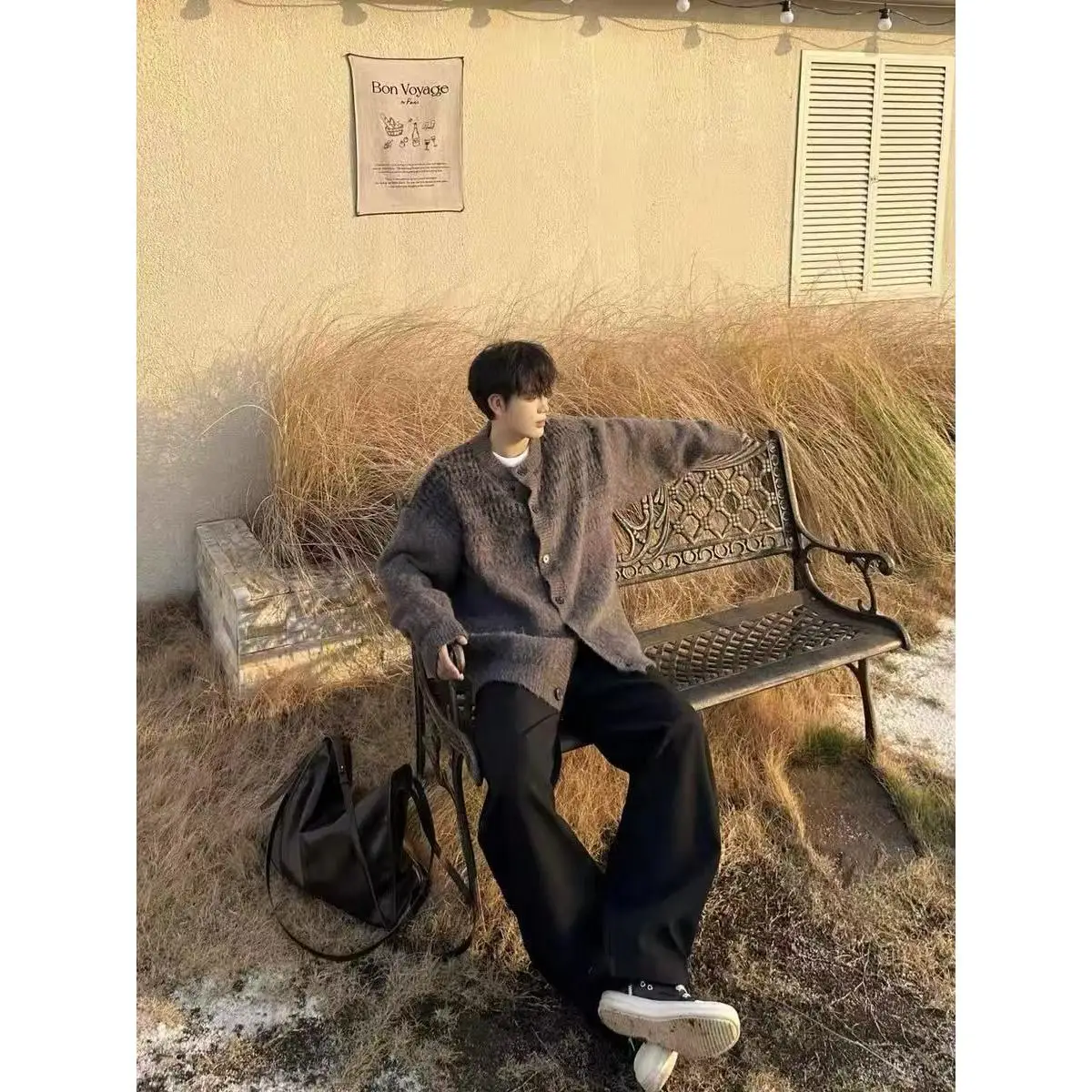 

ay Hooded Knitted Sweater Men's Loose Lazy Sle Autumn Winter Open Cardigan Trendy Cotton Polyester Blend Anti-Bacterial