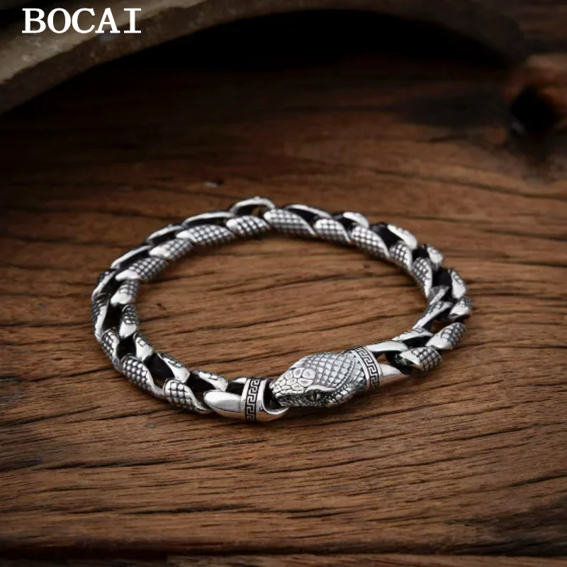 

BOCAI S925 Sterling Silver 9MM Personalized Retro Creative Python Men's Thick Bracelet