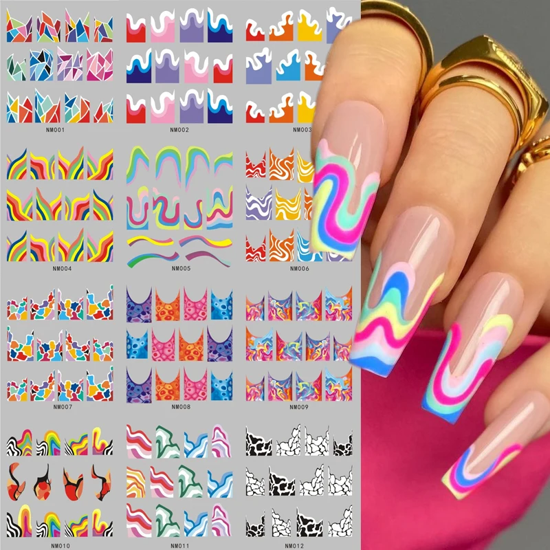 12patterns French Tips Nail Sticker Rainbow Wave Lines Water Decals Stickers Colorful Ribbon Slider for Nail Decoration