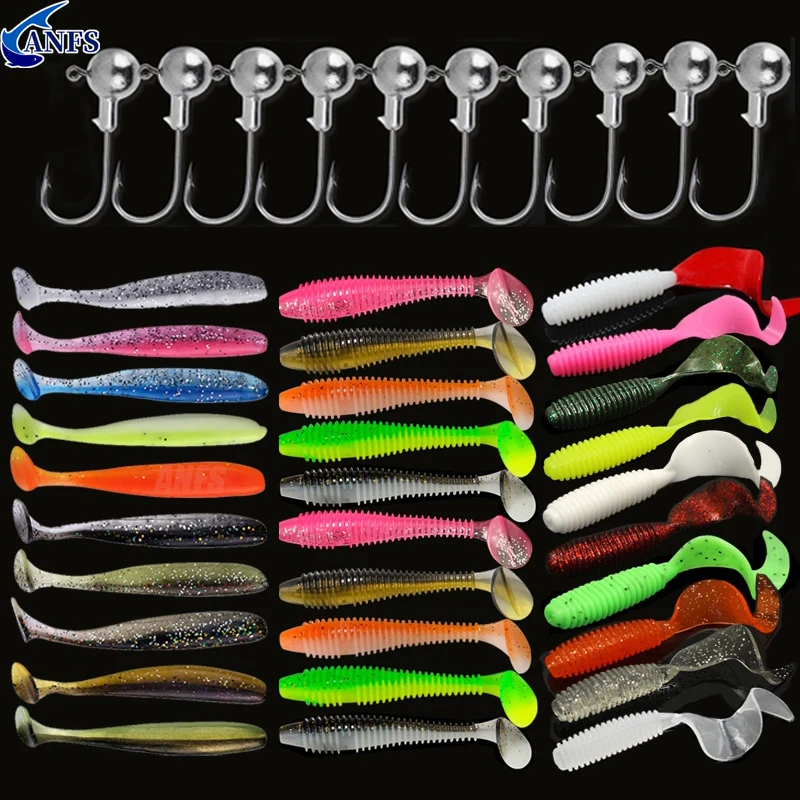 10pcs/30pcs Soft Fishing Lures Kit Silicone Lure Set Artificial Bait Worm with Crank Jig Head Hook