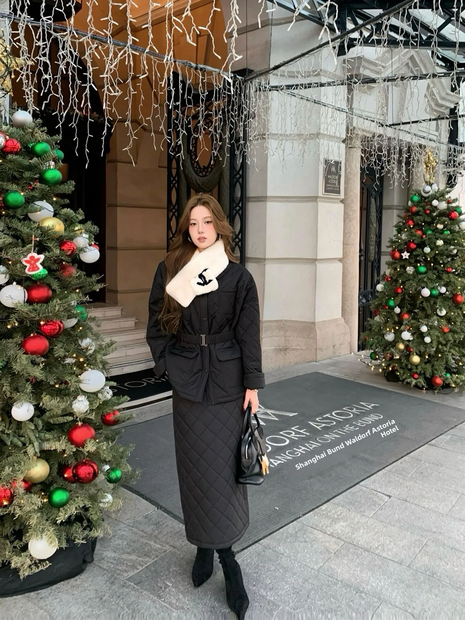 

Pusumede Winter Blend Cotton Jaet Women's High Waist Skirt Set Ba Split Diamond Patterned ort Sle Outerwear