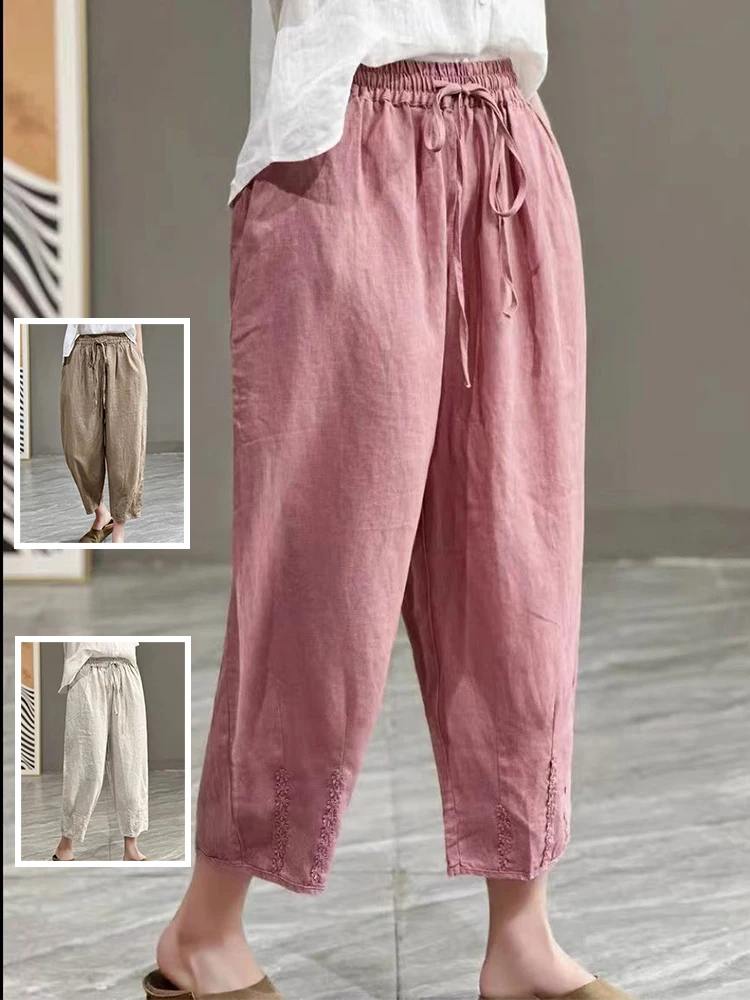 الفني لون نقي الدانتيل المرقعة القطن الكتان سراويلي حريمي الصيف حجم كبير المرأة عالية الخصر مربوط عادية سبعة أقدام السراويل