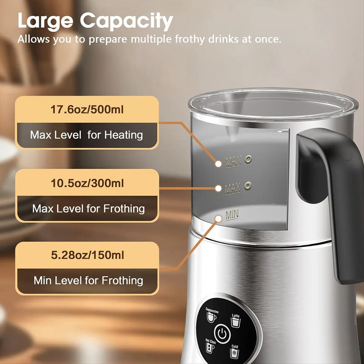 Milk Frother Large Capacity Detachable Electric Milk Frother, Automatic Warm and Cold Foam Maker, Hot Chocolate Maker US Plug