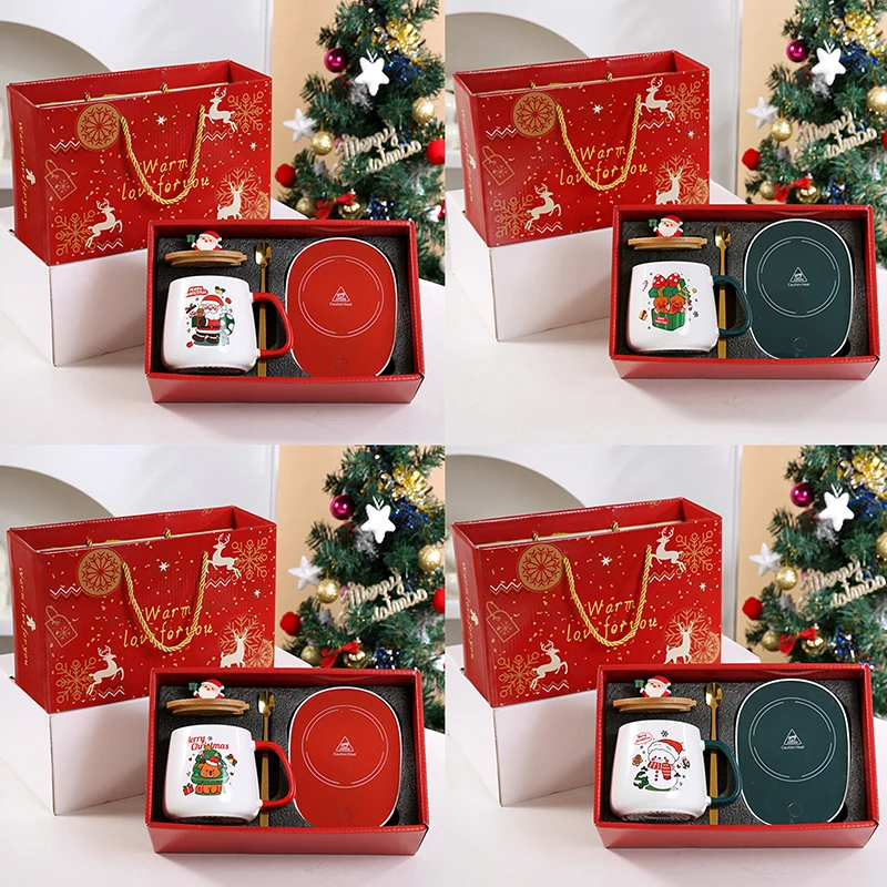 Caneca de cerâmica caixa de presente caneca copo de natal com tampa e colher conjunto base de aquecimento usb caneca de chá de café presente de natal de ano novo