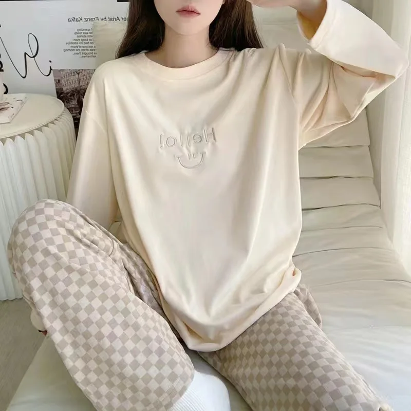 Two Sets Of Autumn And Winter New Solid-Coloured Women\'s Pajamas Round Neck Casual Homewear Suit Large Size Loose Homewear