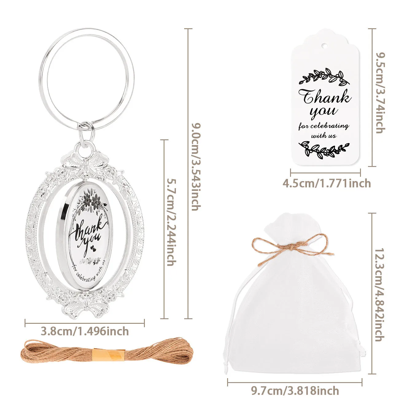 6Pcs Creative Elliptical Rotating Keychains Wedding Return Gifts for Guests Silver Keychain with Organza Bag and Thank You Card