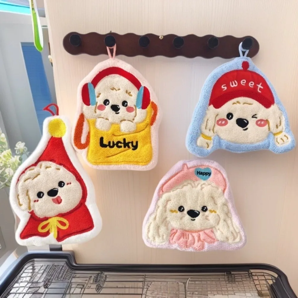 New Coral Fleece Puppy Hand Towel Absorbent Soft Touch Hanging Hand Towel Cartoon Hand Towel Kitchen Use