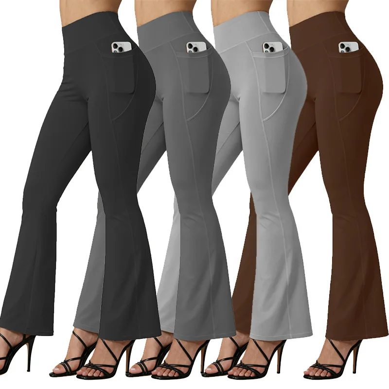 ​​High Waist Flare Leg Yoga Pants Women with Pocket Push Up Butt Running Tights Wide Leg Pants Gym Outdoor Cycling Leggings