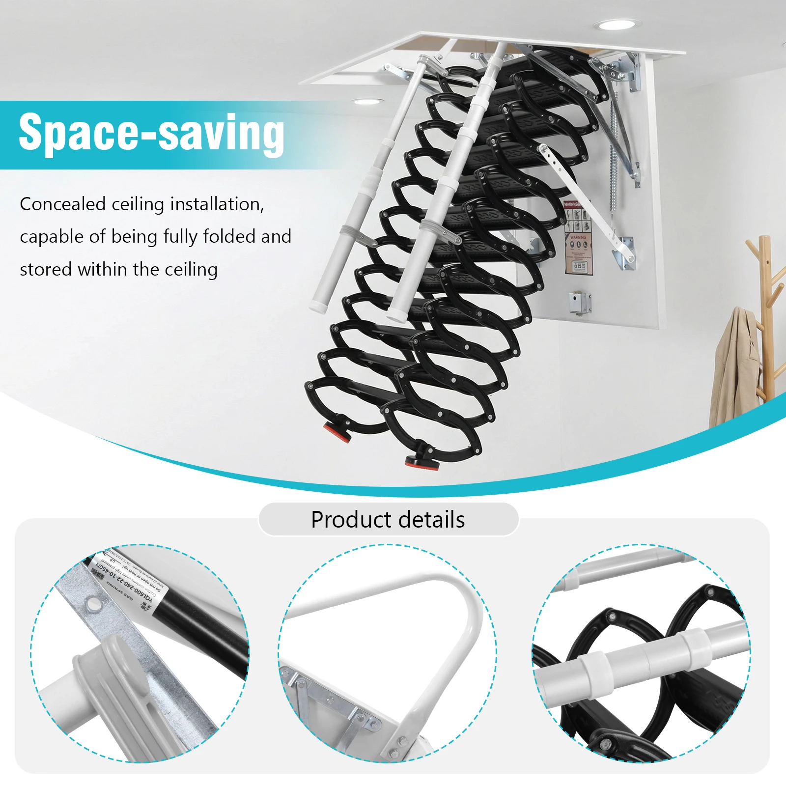 

12 Steps Folding Loft Ladders with Handrails Fold Armrests Attic Steps 660LBS Capacity Height Adjustable For Home Duplex Villas