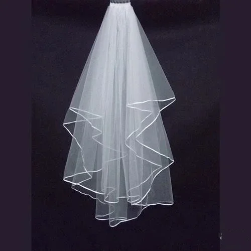 Two Layers White Veils Tulle Ribbon Edge Comb Wedding Veil Bridal Accessories