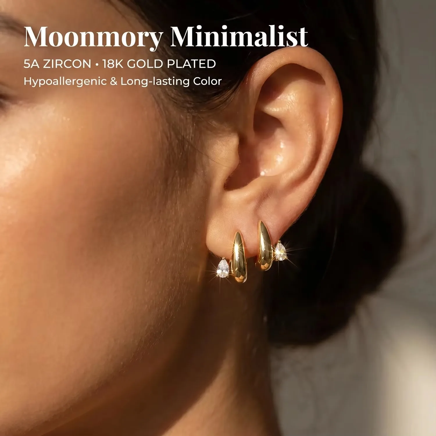 Moonmory Einzigartiges Design Luxusmarken Messing Huggie Creolen für Damen Minimalistisch 5A Birne Marquise Oval 18K Vergoldete Ohrringe – Detail 23