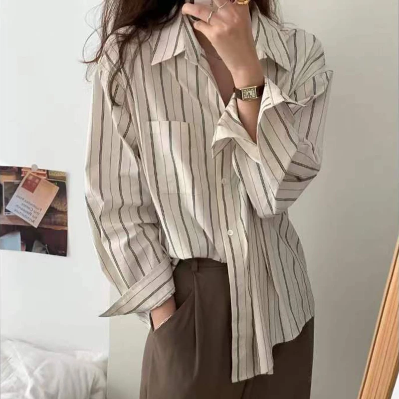 Korean Fashion Female Clothes Basic Blouses for Woman Casual Ladies Shirts Apricot Blouse Women Spring Long-sleeved Striped Top