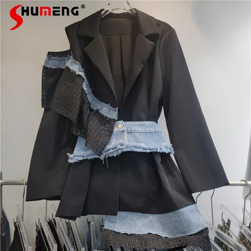 

Female Denim Splicing Blazers Women's 2025 New High-end Design Suit Jacket Single Shoulder Hollow Out Loose Comfort Suit Jackets