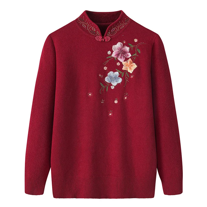 Embroidery Grandma Plush Spring Autumn Sweater Long Sleeve Top Middle-aged Mother Pullover Bottom Sweaters Pull Woman Clothing