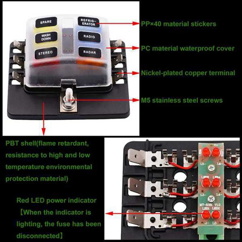 6 Way Spade Terminal Blade 12-32V Fuses Box Holder With LED Light Kit For Car Boat Marine Trike Automotive 30A Fuses