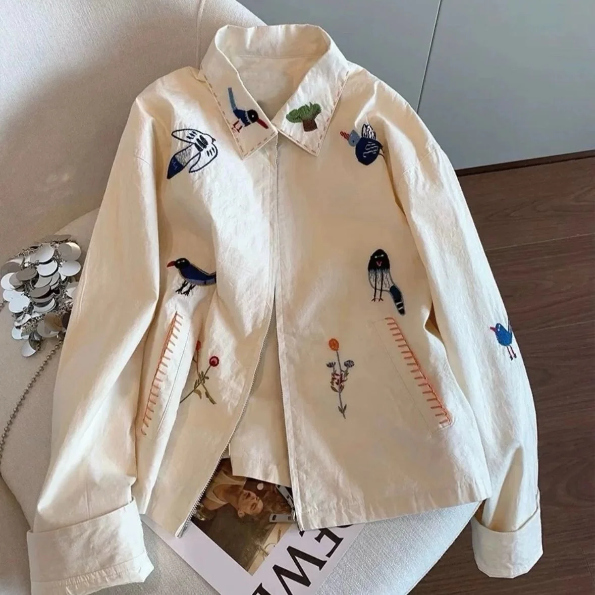 Women Floral Bird Embroidery New Spring Autumn American Retro Classic Lapel Long Sleeve Casual Versatile Outerwear Coat