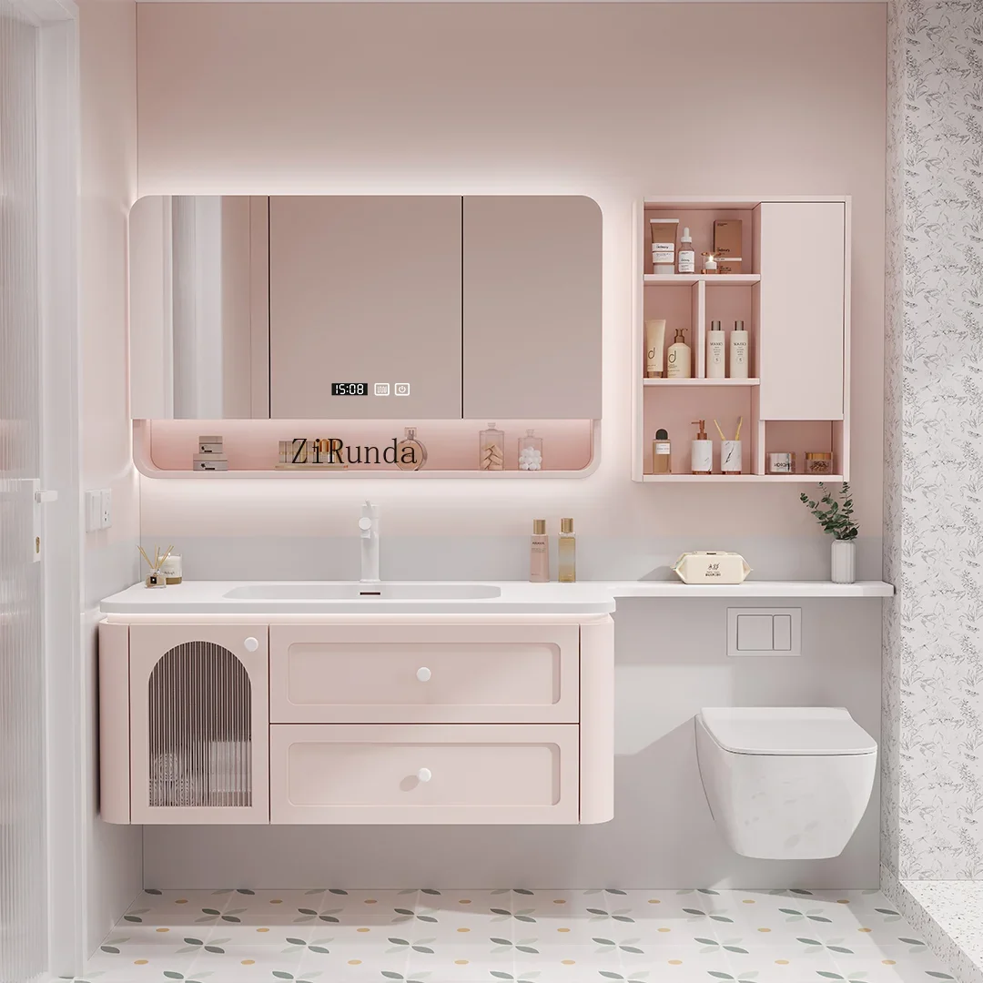 

Toilet extension bathroom cabinet combination Corian integrated basin toilet pink washstand