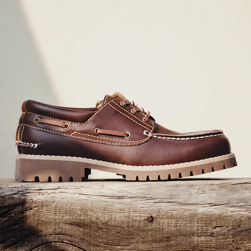 Men's Shoes Vintage Sailing Shoes Round Toe Low Top British Style Tooling Boots Trendy Casual Sewing Lace Up Leather Shoes 39-44