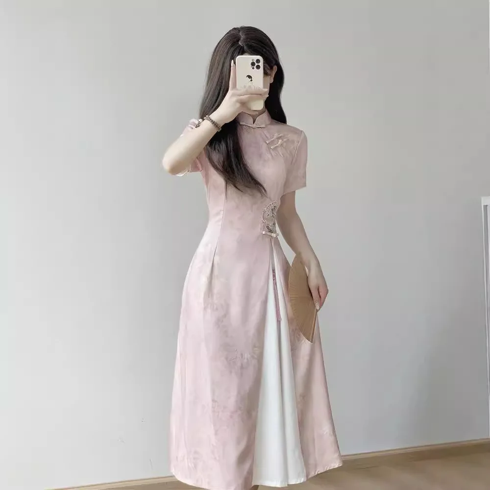 فساتين كلاسيكية ذات ياقة تشيسونغام الماندرين مطبوعة من تشيباو فساتين نسائية أنيقة متوسطة الطول على الطراز الصيني الجديد زي هانفو باللون الوردي
