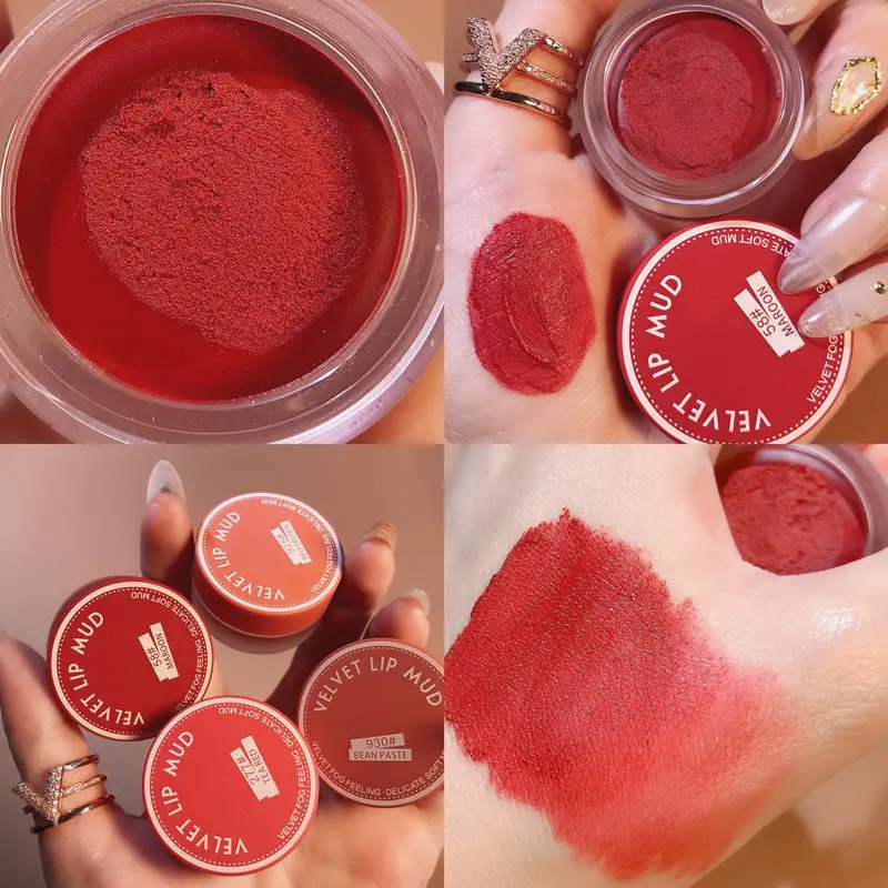 4 Color Sexy Red Canned Lip Mud Waterproof Moisturizing Long Lasting Mousse Matte  Velvet Blush Tint Lip Cheek Lipstick Makeup