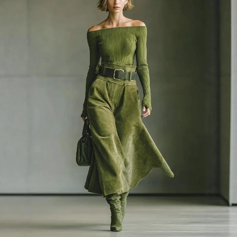 

Женский темпераментный цельный вязаный топ и юбка, зимний винтажный зеленый женский шикарный тонкий праздничный костюм, праздничный костюм, уличная одежда