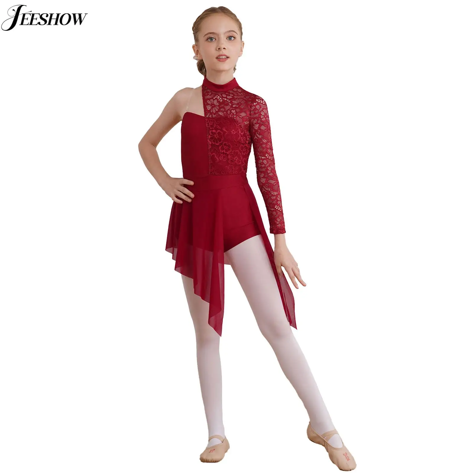 女の子用バレエダンスドレス,フローラルレース,ハーフスリーブ,非対称裾,子供用レオタード,フィギュアスケート,体操パフォーマンスコスチューム
