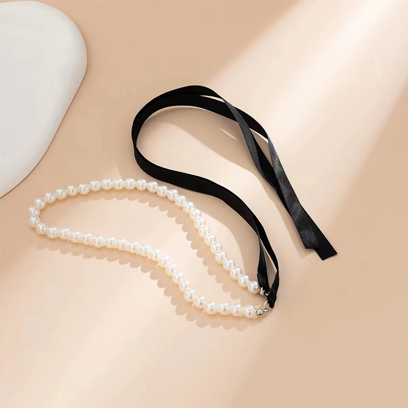 Fashion Elegant Velvet Ribbon Bowknot Choker Necklace For Women Goth Imitation Pearl Clavicle Chain Accessories