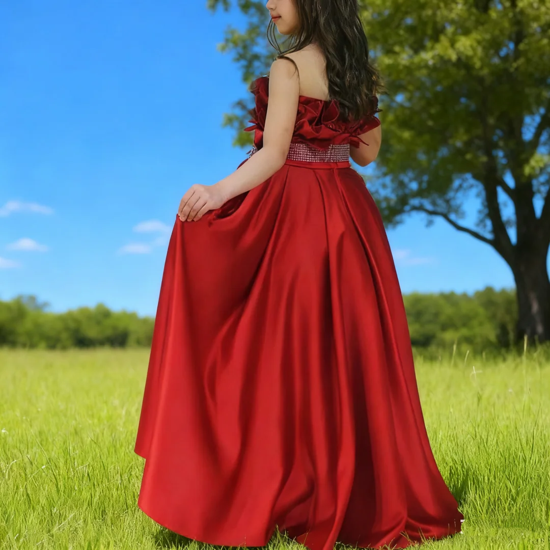 

Elegant pleated strapless sleeveless A-line short flower girl dress, mini length with floor-length ski