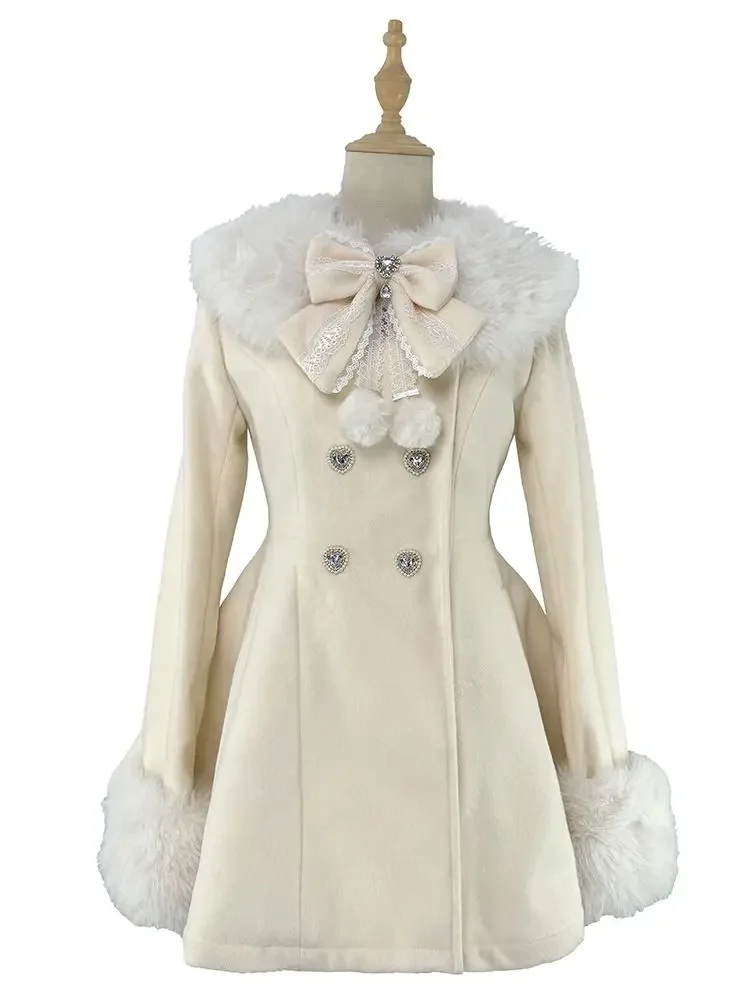 Autumn Winter Japanese Kawaii Lolita Woolen Coat Women Sweet Bow Plush Slim Jacket Female Korean Style Warm Dress Cute Overcoat