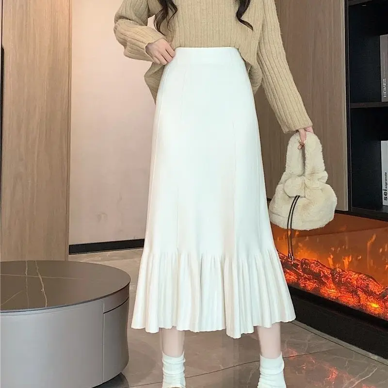 

Lady Fashion Korean Skirts Pleated Ruffle Sexy Women High Waist A Line Street All Match Apricot Female Vintage Elegant Office