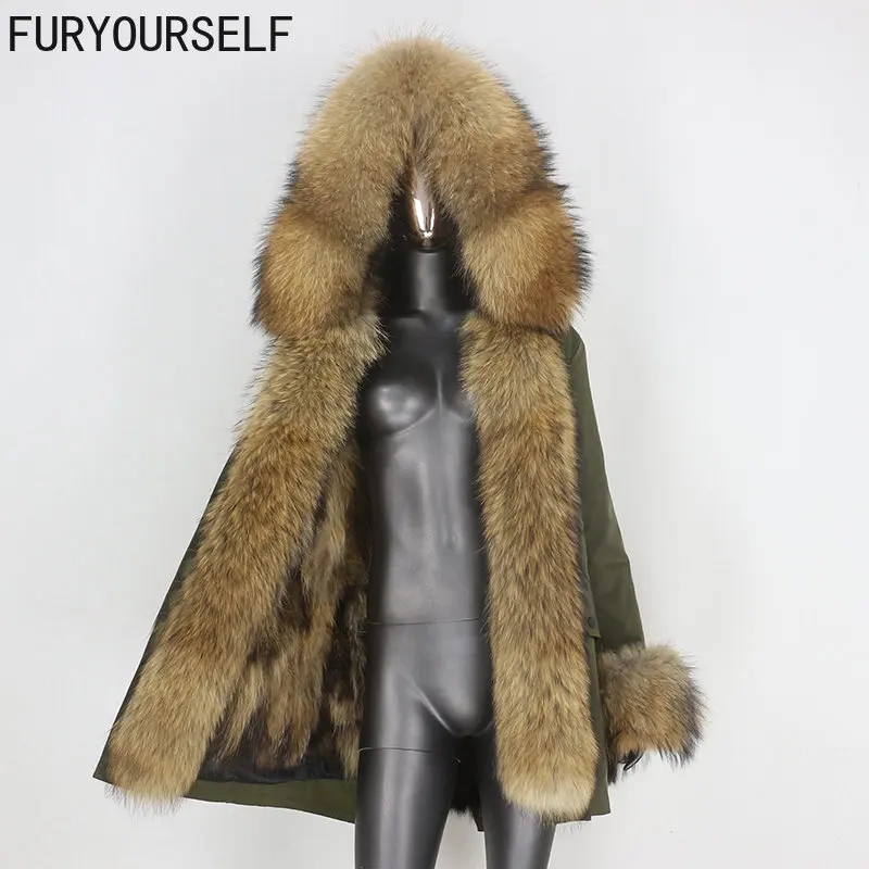 FURYOURSELF-Parka longue imperméable pour femme, manteau en fourrure véritable, veste d'hiver à capuche, fourrure de raton laveur naturel, fourrure de renard, optique, poignées amovibles, 2022