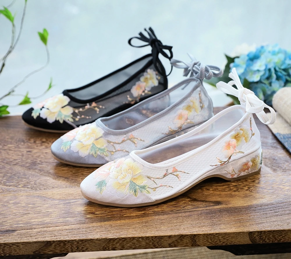 Veowalk Long Ankle Strap Summer Women Gauze Mesh Embroidered Ballet Flats Breathable Comfortable Walking Shoes for Elegant Lady