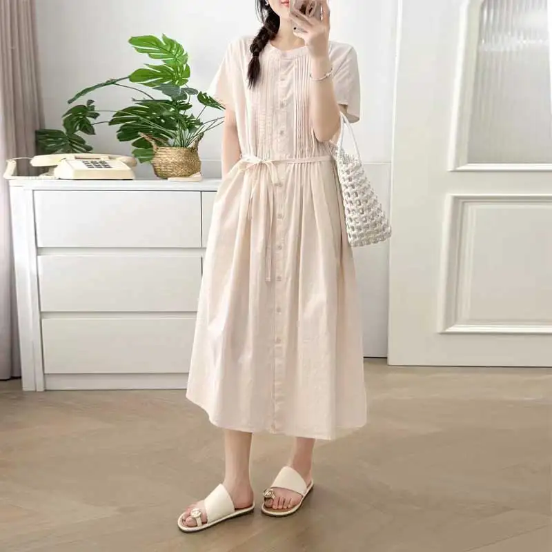 

Japanese Sweet Mori Girl Solid Color Single Breasted Shirt Dress Women Summer Stand Collar Short Sleeve Casual Loose Midi Dress
