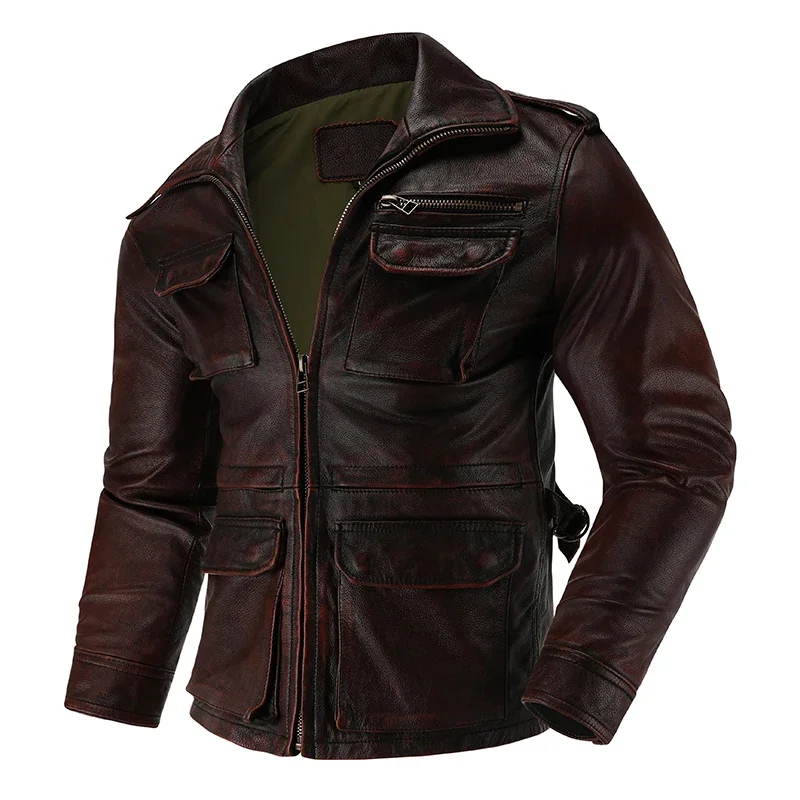 Pure First-Layer Cowhide Leather Jacket M65 Hunting Suit Men's Leather Jacket Slim Lapel Mid-Length Casual Large Size Jacket