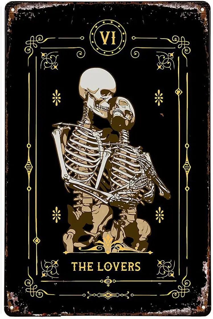 

Black Tarot Card The Lovers Skeleton Retro Metal Tin Sign Vintage Sign for Home Coffee Wall Decor 8x12 Inch