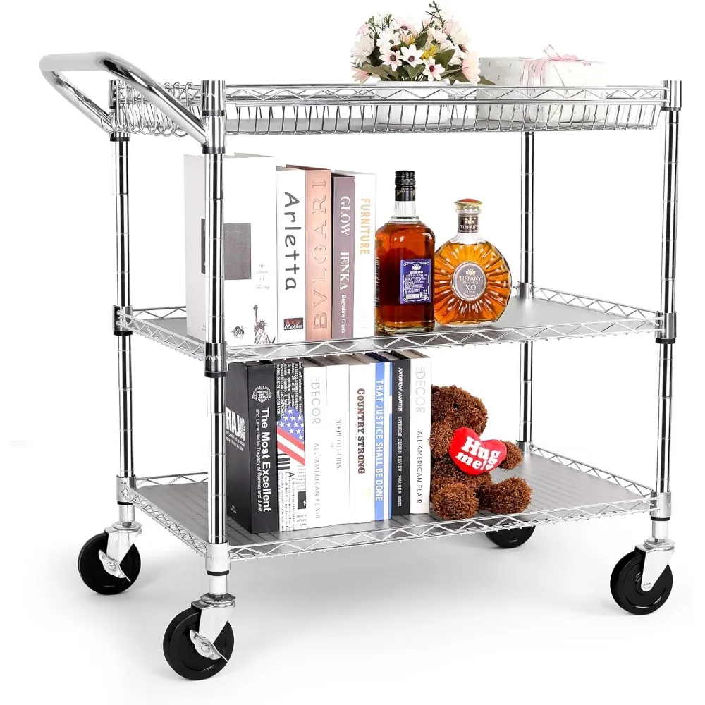 

Metal Utility Rolling Cart, 990lbs Capacity 3 Tier Heavy Duty Rolling Chrome Trolley Cart with Wheels, Kitchen Trolleys
