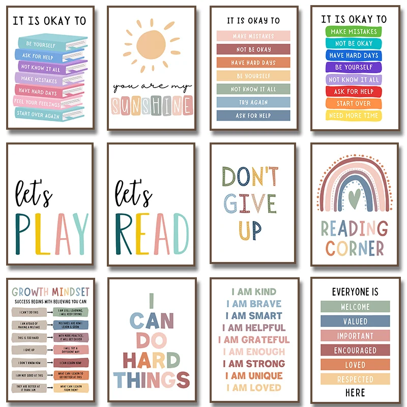 Affiche d'affirmations positives pour enfants, citations sur l'autodéfense, peinture sur toile motivante, tableaux muraux, décoration pour salle de classe et maison