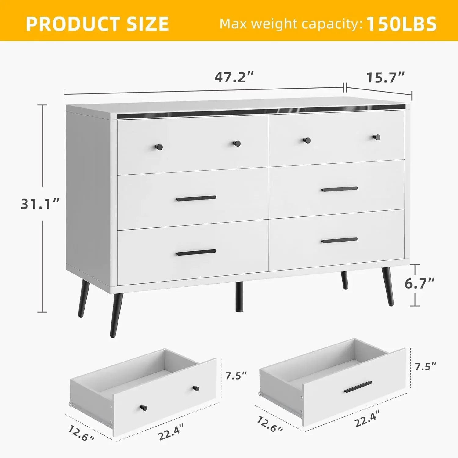 White 6 Drawer Dresser, 47