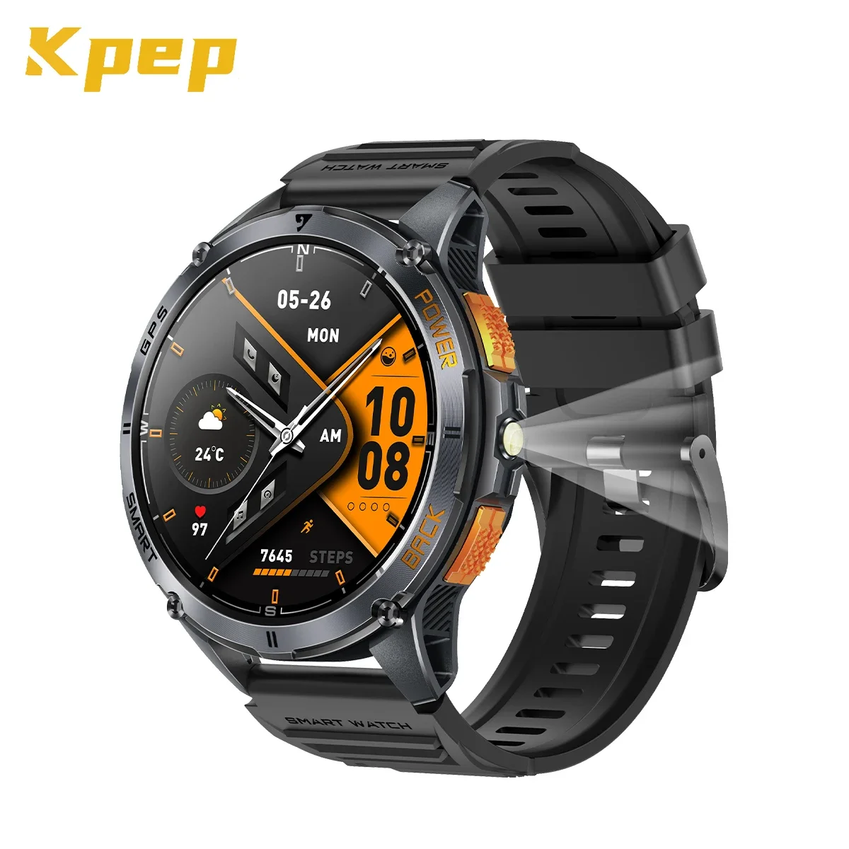 Jam Tangan Pintar KPEP GPS Layar AMOLED 1.43 inci dengan GPS, Kompas, Senter, Tahan Air IP68, Smartwatch Olahraga untuk Pria, Pelacak Kebugaran