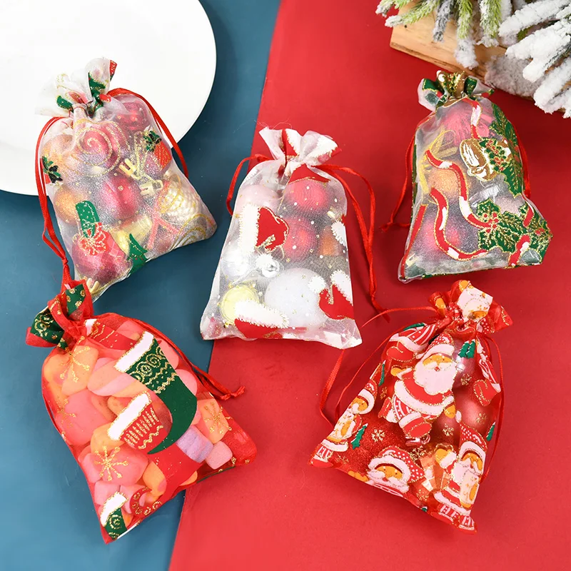 

10pcs 15x10cm Mixed Christmas Organza Bags Santa Claus Christmas Tree Printed Candy Gift Bags Jewelry Packing Drawstring Pouches